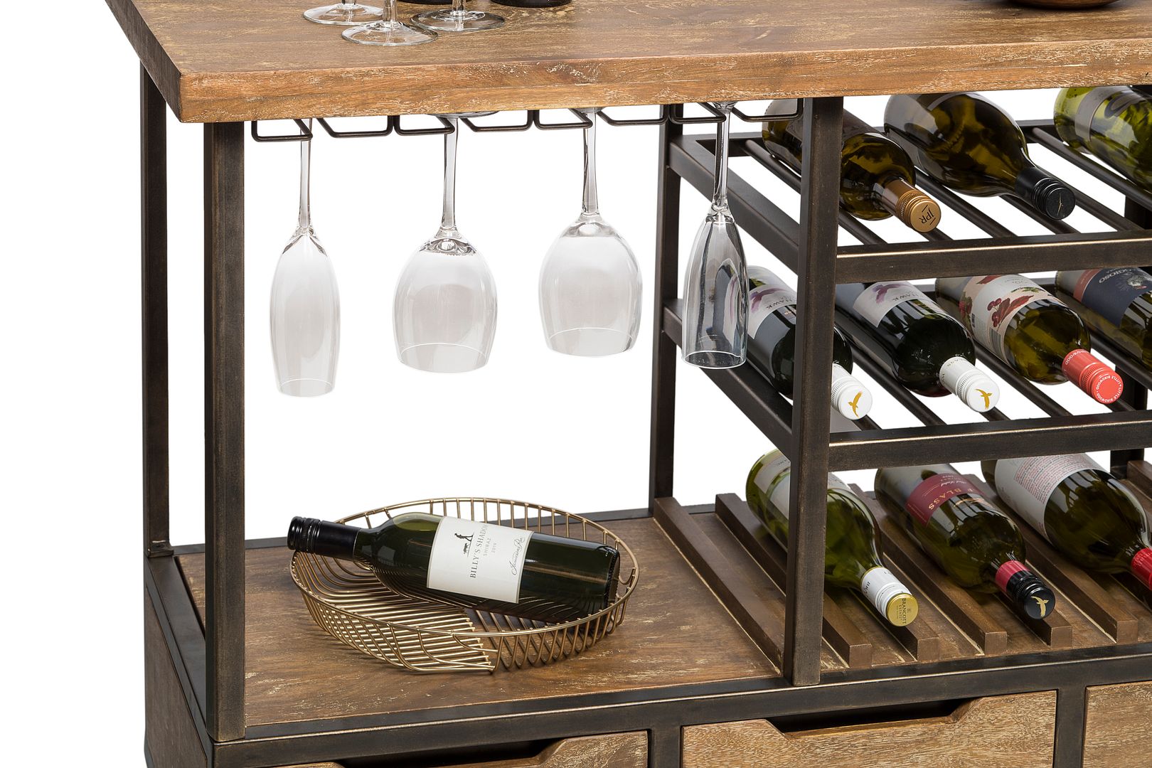 Industrial Style Wooden Bar Cart with Wine Bottle Rack