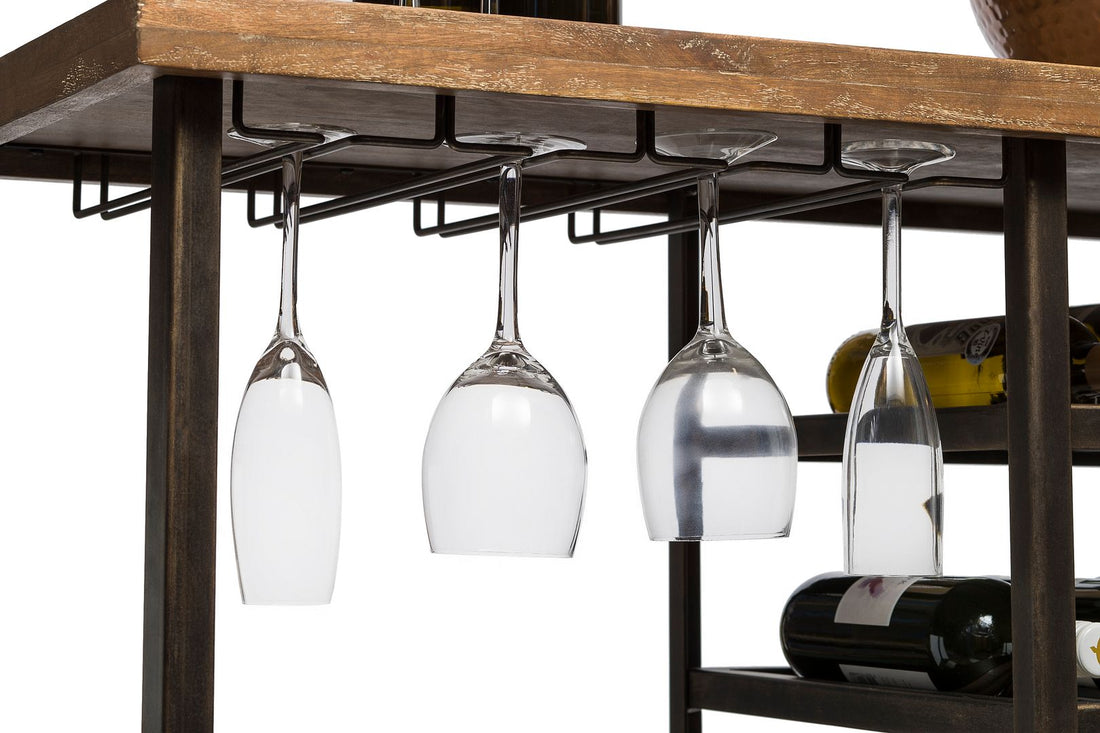 Industrial Style Wooden Bar Cart with Wine Bottle Rack
