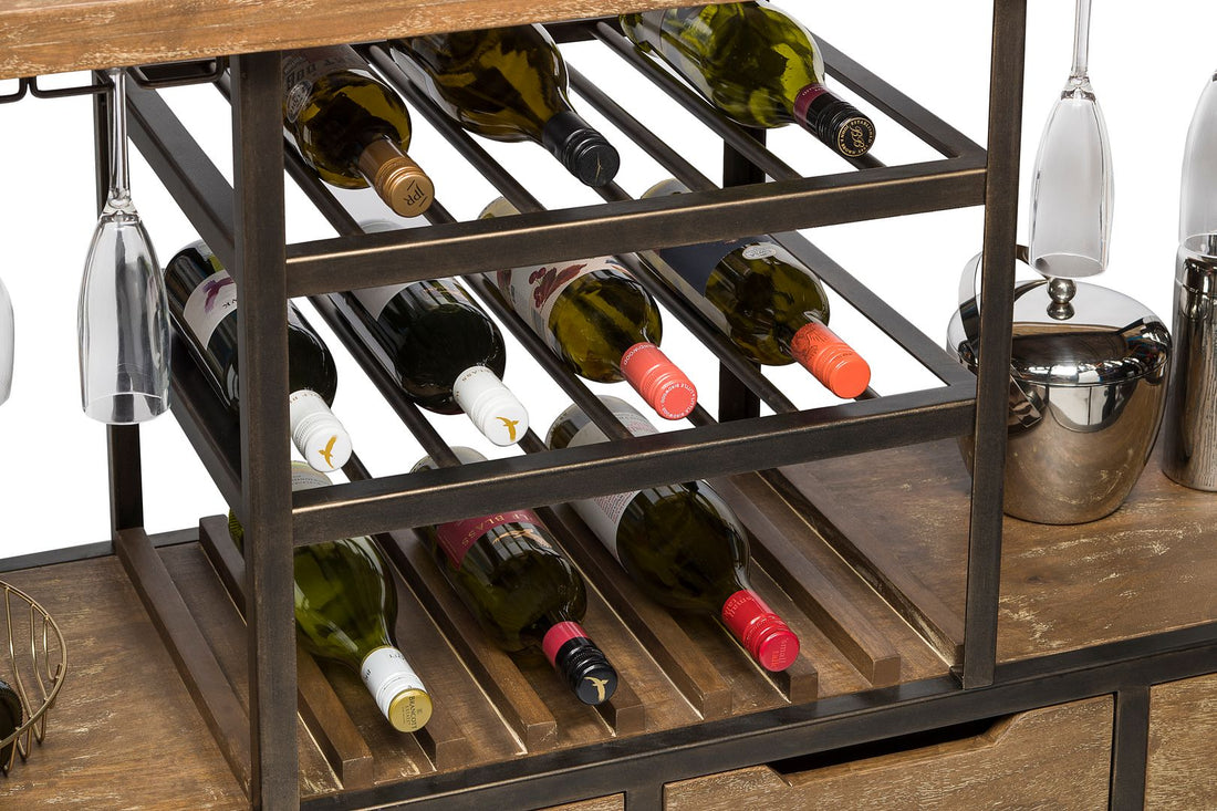Industrial Style Wooden Bar Cart with Wine Bottle Rack