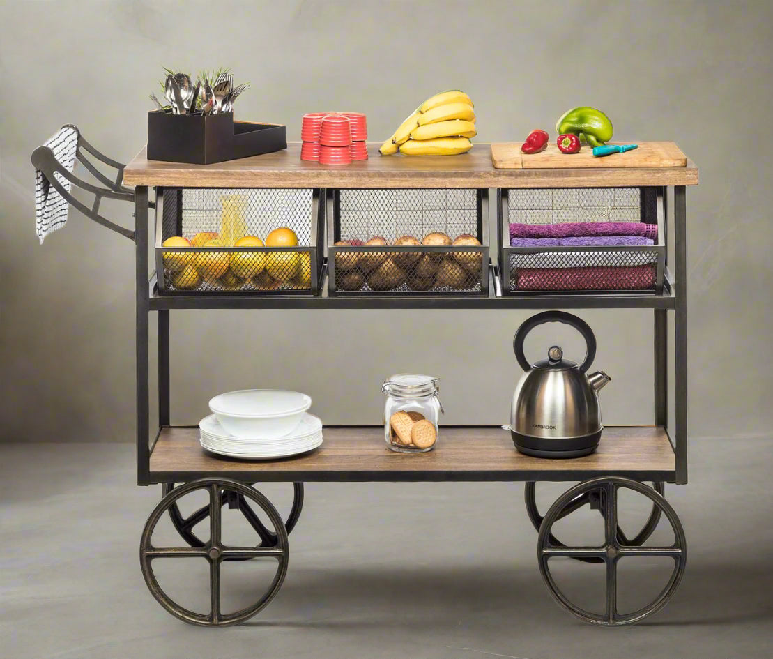 Retro Wooden Kitchen Island Trolley on Wheels with Storage Drawers