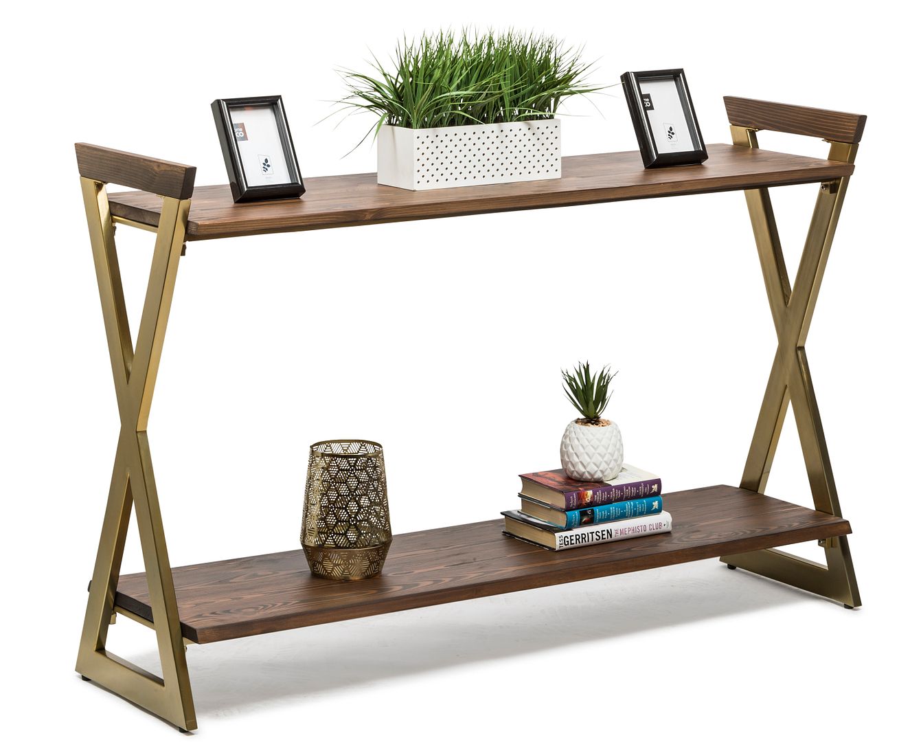 Rustic French Brass and Wood Console Table with Shelf Storage-Furniture > Living Room > Side Tables-Nomica Living