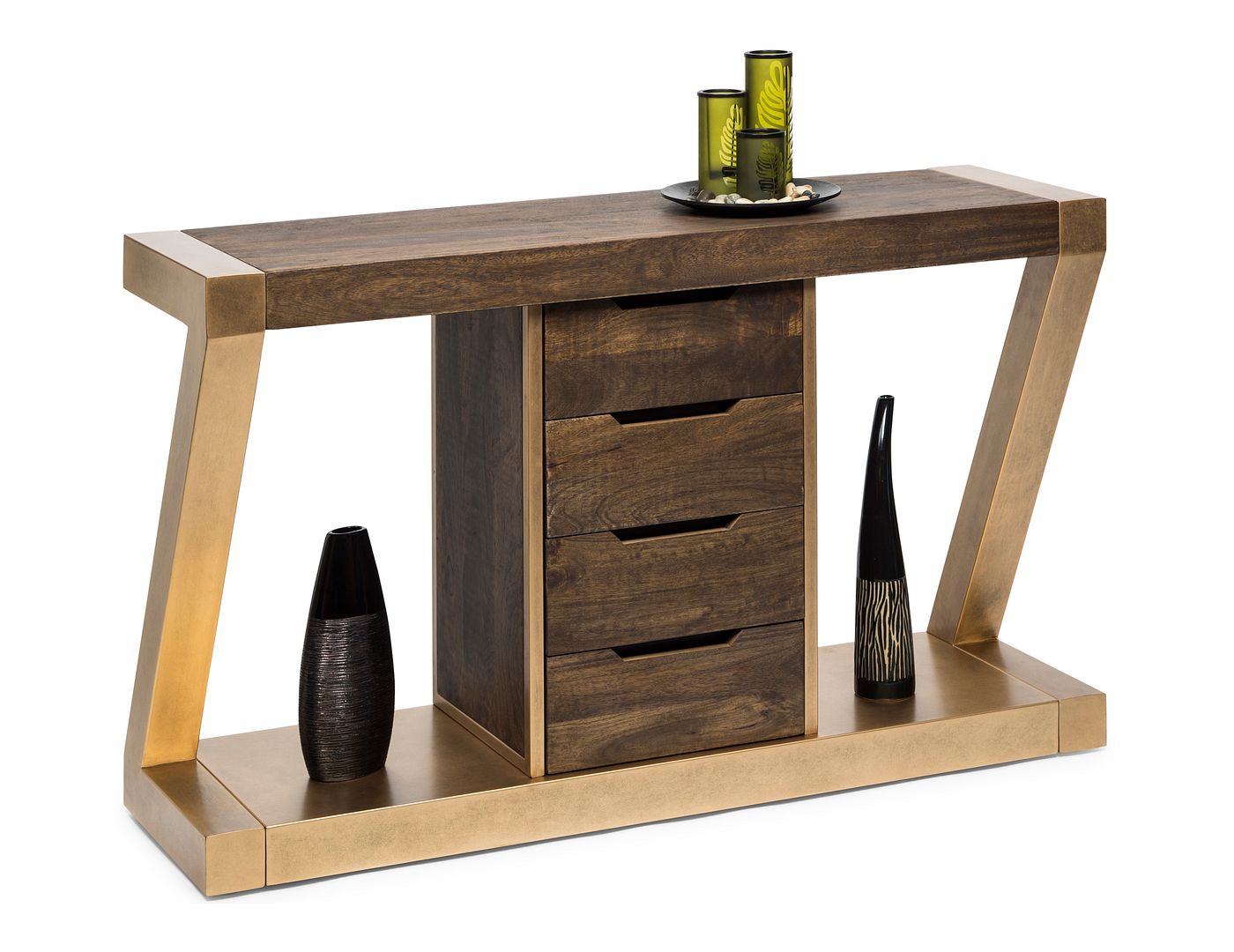 Brass Wooden Z-Shaped Console Table with Drawers-Furniture > Living Room > Side Tables-Nomica Living