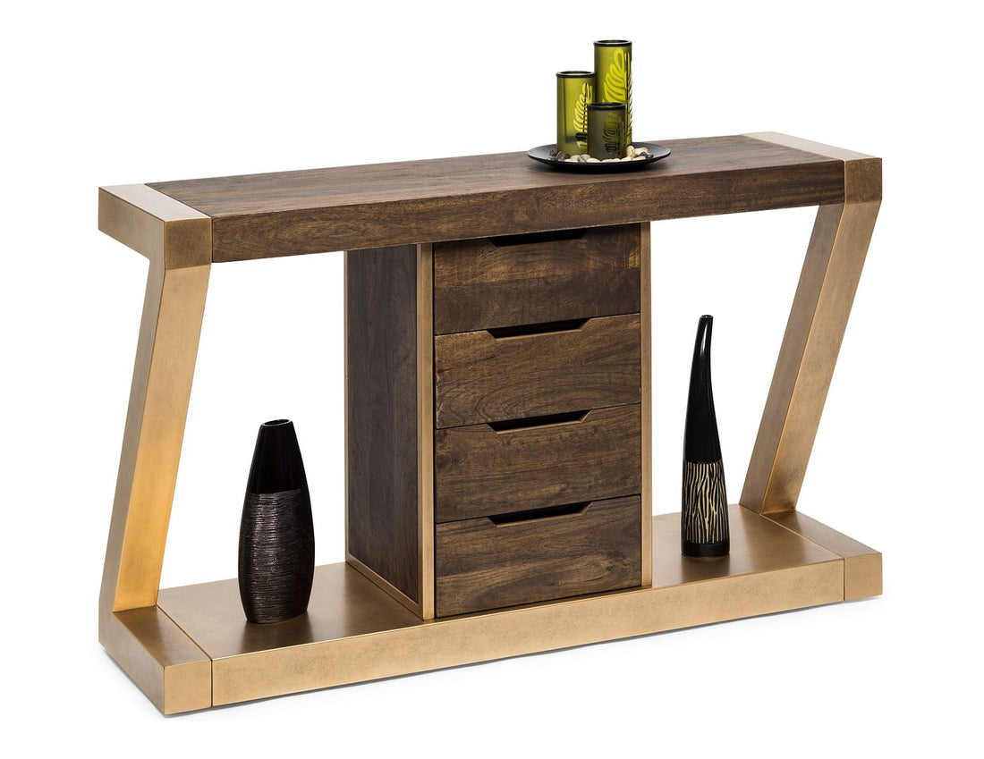 Brass Wooden Z-Shaped Console Table with Drawers-Furniture > Living Room > Side Tables-Nomica Living