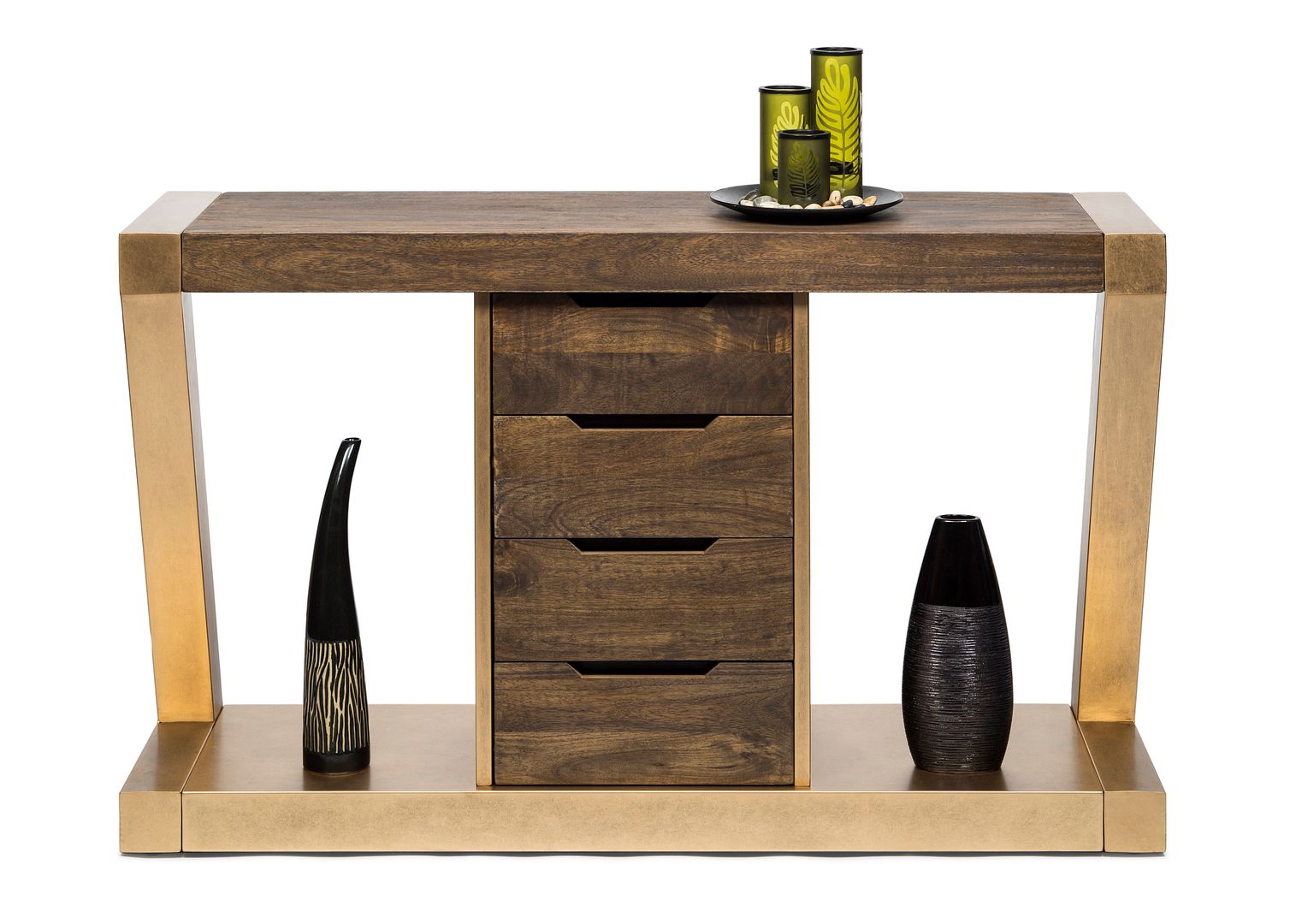 Brass Wooden Z-Shaped Console Table with Drawers-Furniture > Living Room > Side Tables-Nomica Living