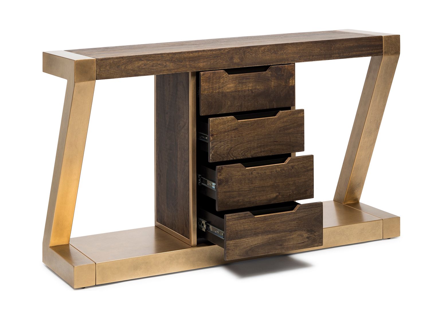 Brass Wooden Z-Shaped Console Table with Drawers-Furniture > Living Room > Side Tables-Nomica Living