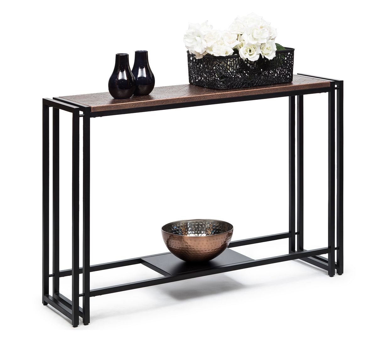 Sleek Black Iron Console Table with Copper Textured Top-Furniture > Living Room > Side Tables-Nomica Living