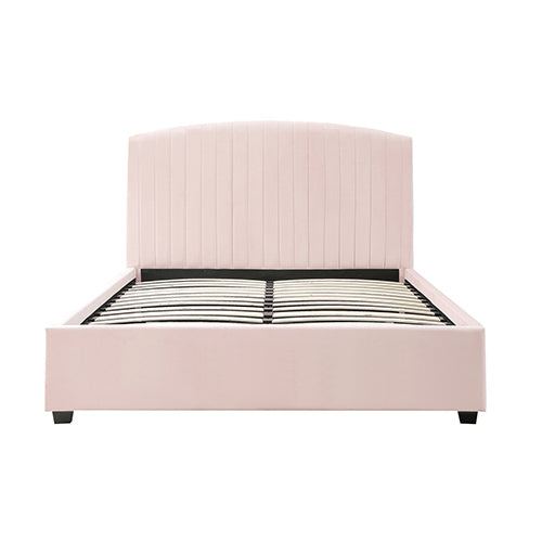 Queen Size Bed Frame with Pink Velvet Upholstery and High Headboard