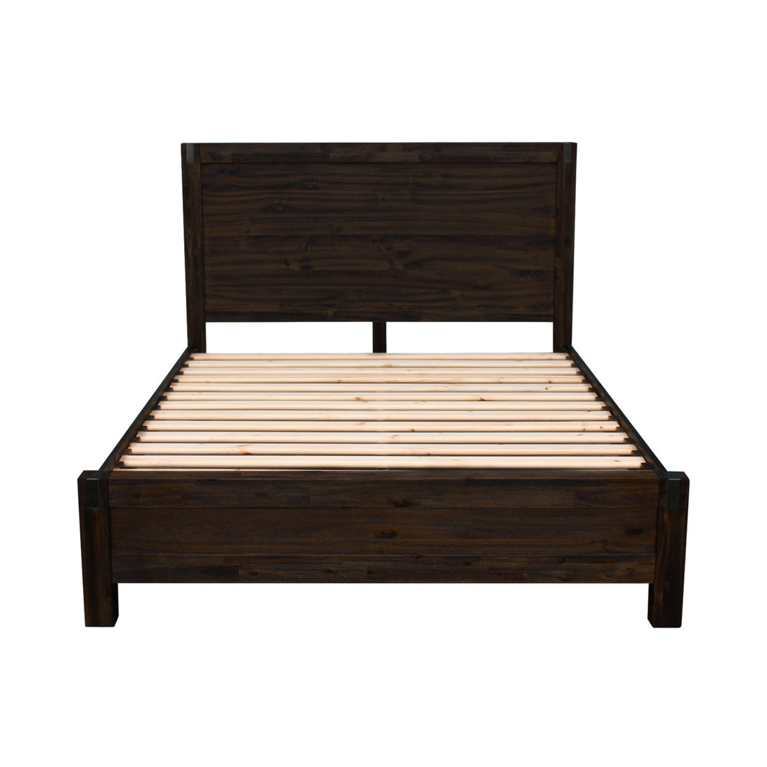 Queen Size Bed Frame in Solid Wood Veneered Acacia with Chocolate Timber Slats