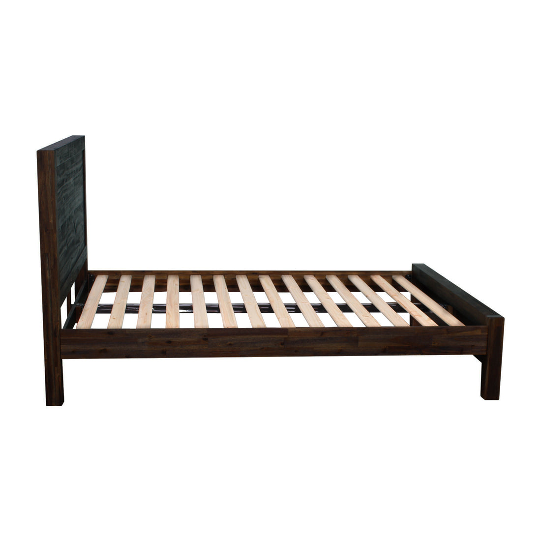 Queen Size Bed Frame in Solid Wood Veneered Acacia with Chocolate Timber Slats