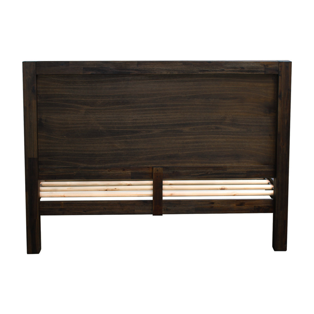 Queen Size Bed Frame in Solid Wood Veneered Acacia with Chocolate Timber Slats