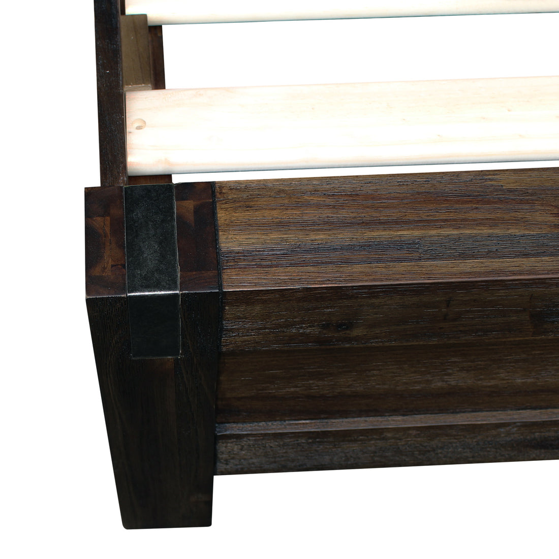 Queen Size Bed Frame in Solid Wood Veneered Acacia with Chocolate Timber Slats