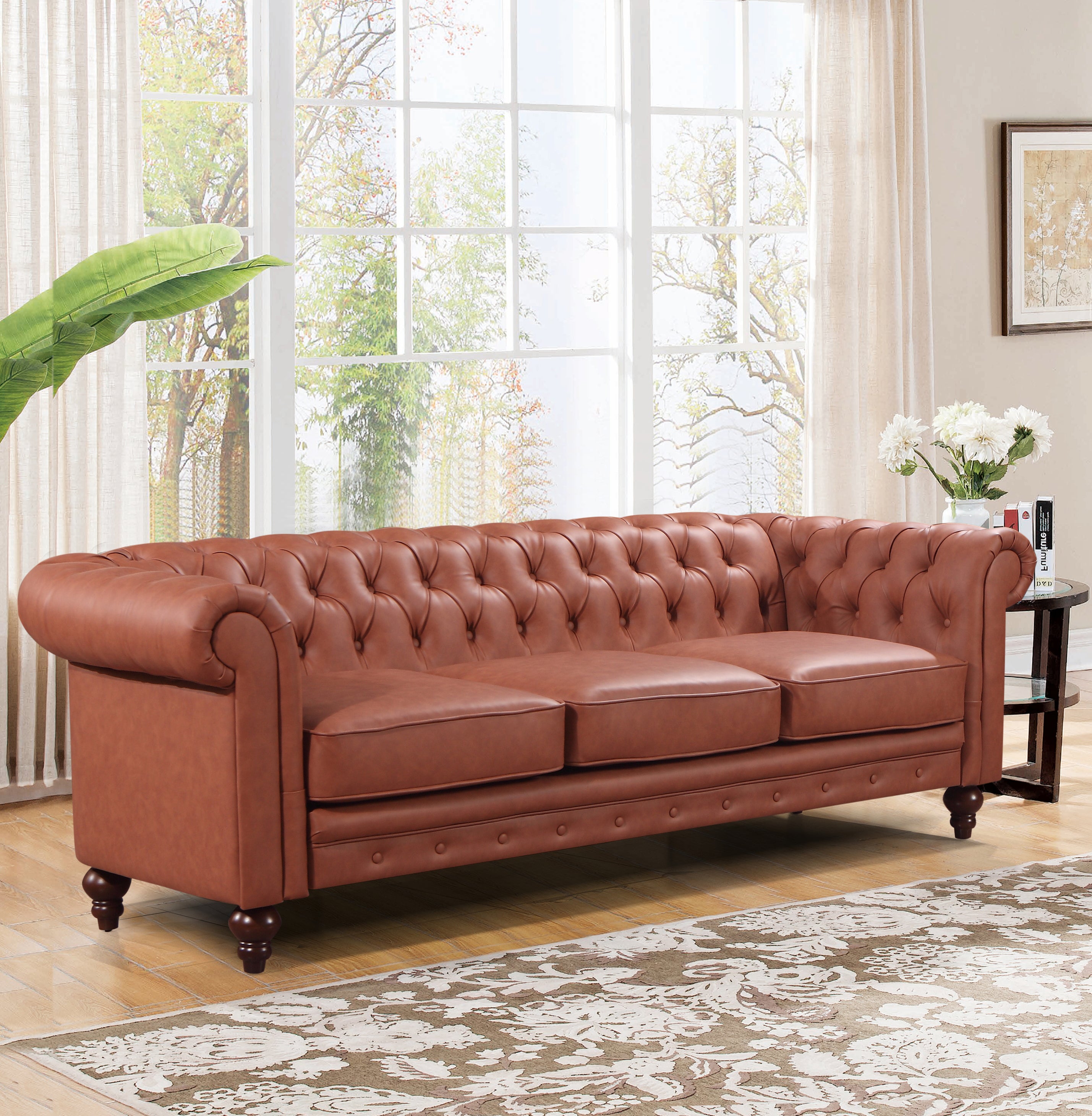 Madeline 3-Seater Faux Leather Sofa Lounge - Brown-Furniture > Sofas > Sofas & Sofa Beds-Nomica Living