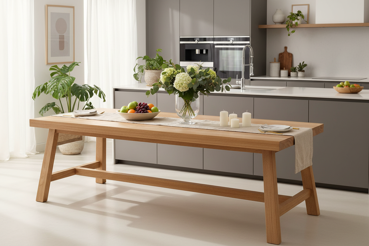 A square-shaped, solid wood dining table with a natural finish, featuring a tabletop with items on it, and polished legs.