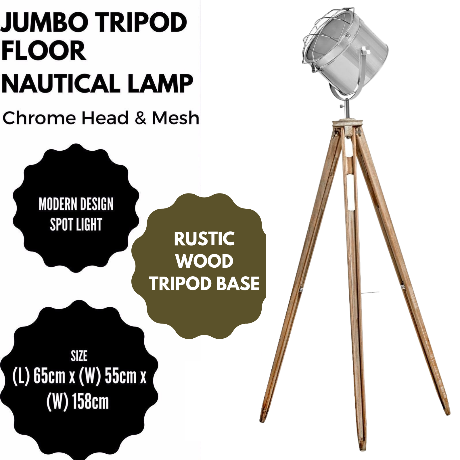 Nautical Tripod Floor Lamp Search Light Modern Chrome Head with Mesh-Home & Garden > Lighting > Floor Lamps-Nomica Living