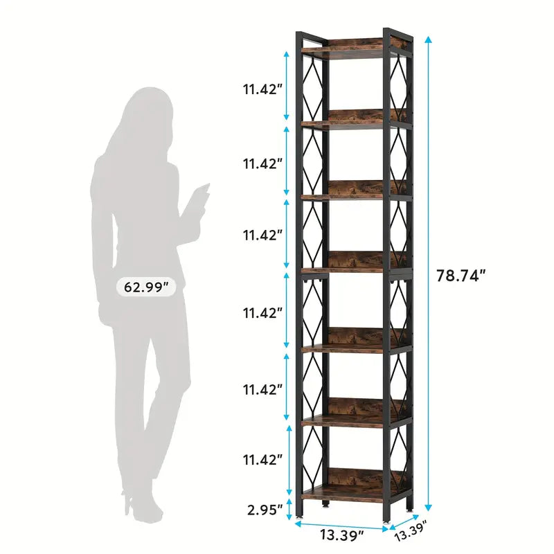 Rustic Brown 200 cm Extra Tall 7-Tier Skinny Bookcase