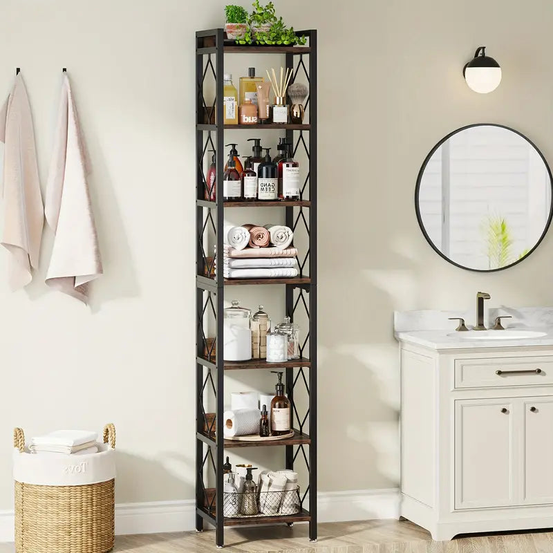 Rustic Brown 200 cm Extra Tall 7-Tier Skinny Bookcase
