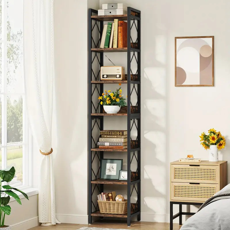 Rustic Brown 200 cm Extra Tall 7-Tier Skinny Bookcase