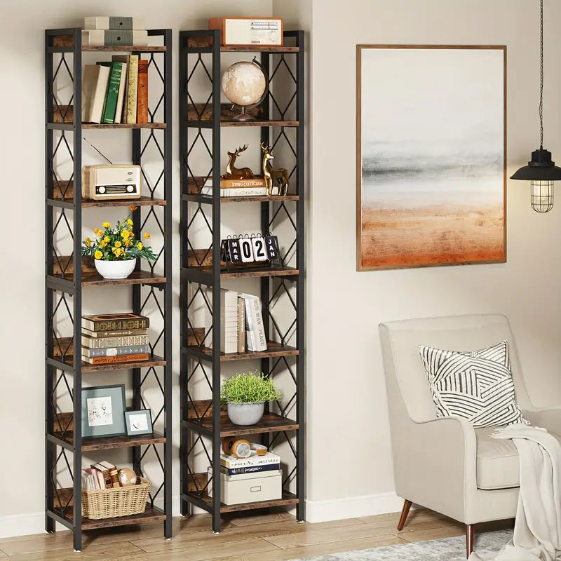 Rustic Brown 200 cm Extra Tall 7-Tier Skinny Bookcase