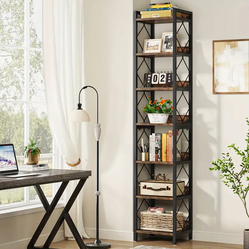 Rustic Brown 200 cm Extra Tall 7-Tier Skinny Bookcase