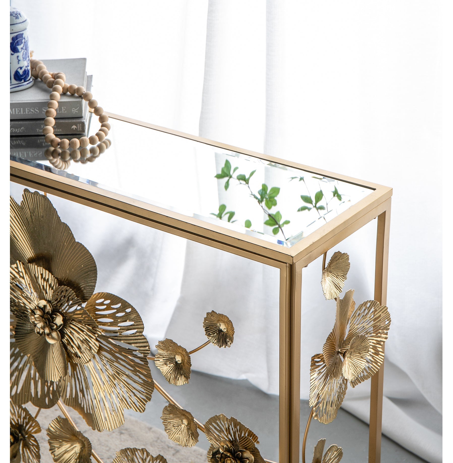 Gold Mirrored Art Deco Console Table with 3D Floral Design-Furniture > Living Room > Side Tables-Nomica Living