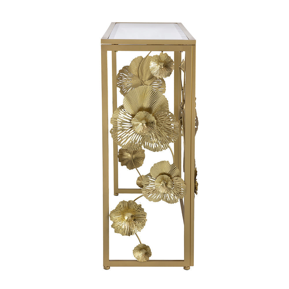 Gold Mirrored Art Deco Console Table with 3D Floral Design-Furniture > Living Room > Side Tables-Nomica Living
