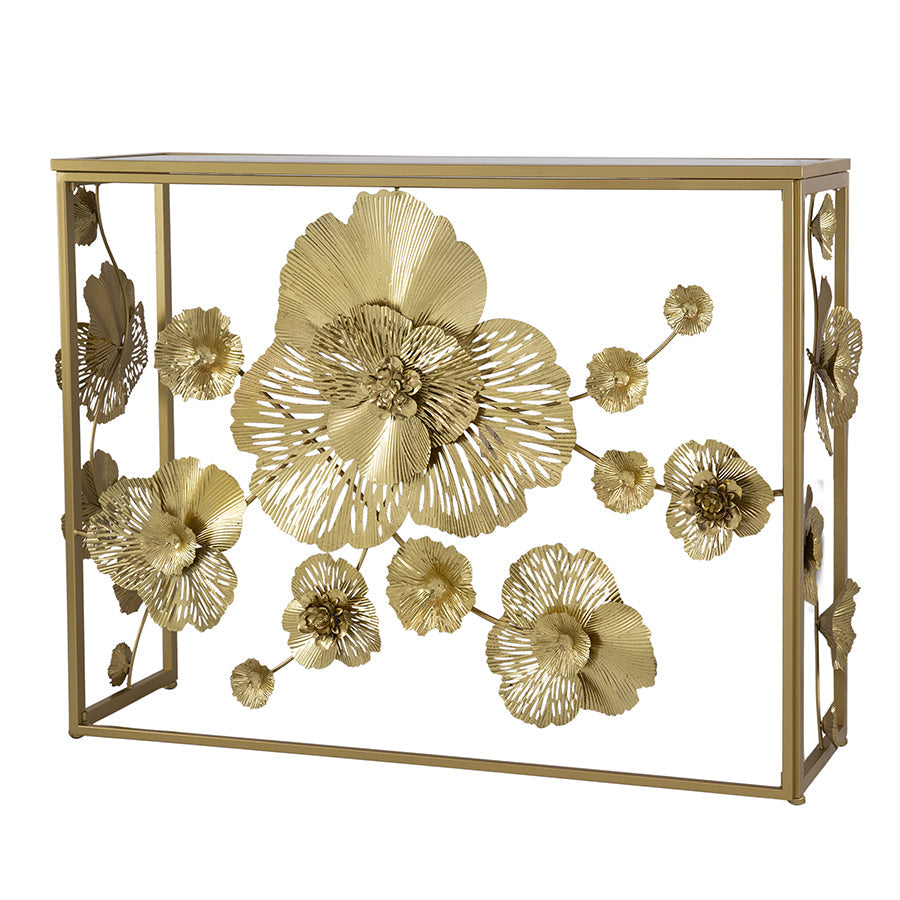 Gold Mirrored Art Deco Console Table with 3D Floral Design-Furniture > Living Room > Side Tables-Nomica Living