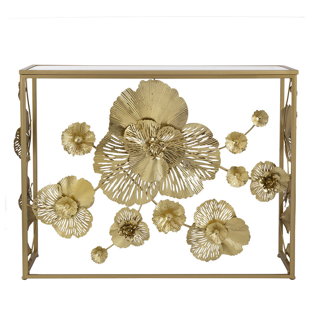 Gold Mirrored Art Deco Console Table with 3D Floral Design-Furniture > Living Room > Side Tables-Nomica Living