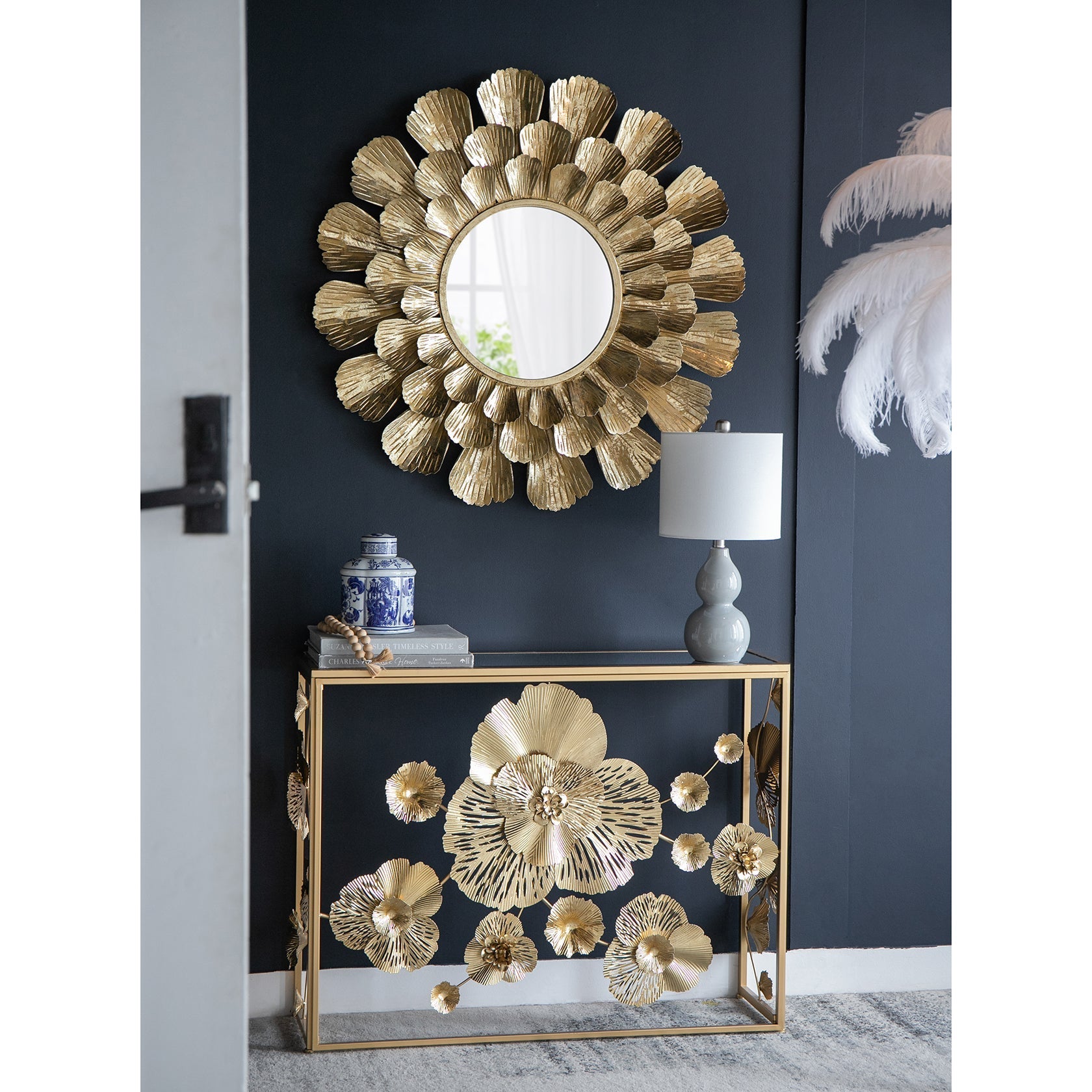 Gold Mirrored Art Deco Console Table with 3D Floral Design-Furniture > Living Room > Side Tables-Nomica Living