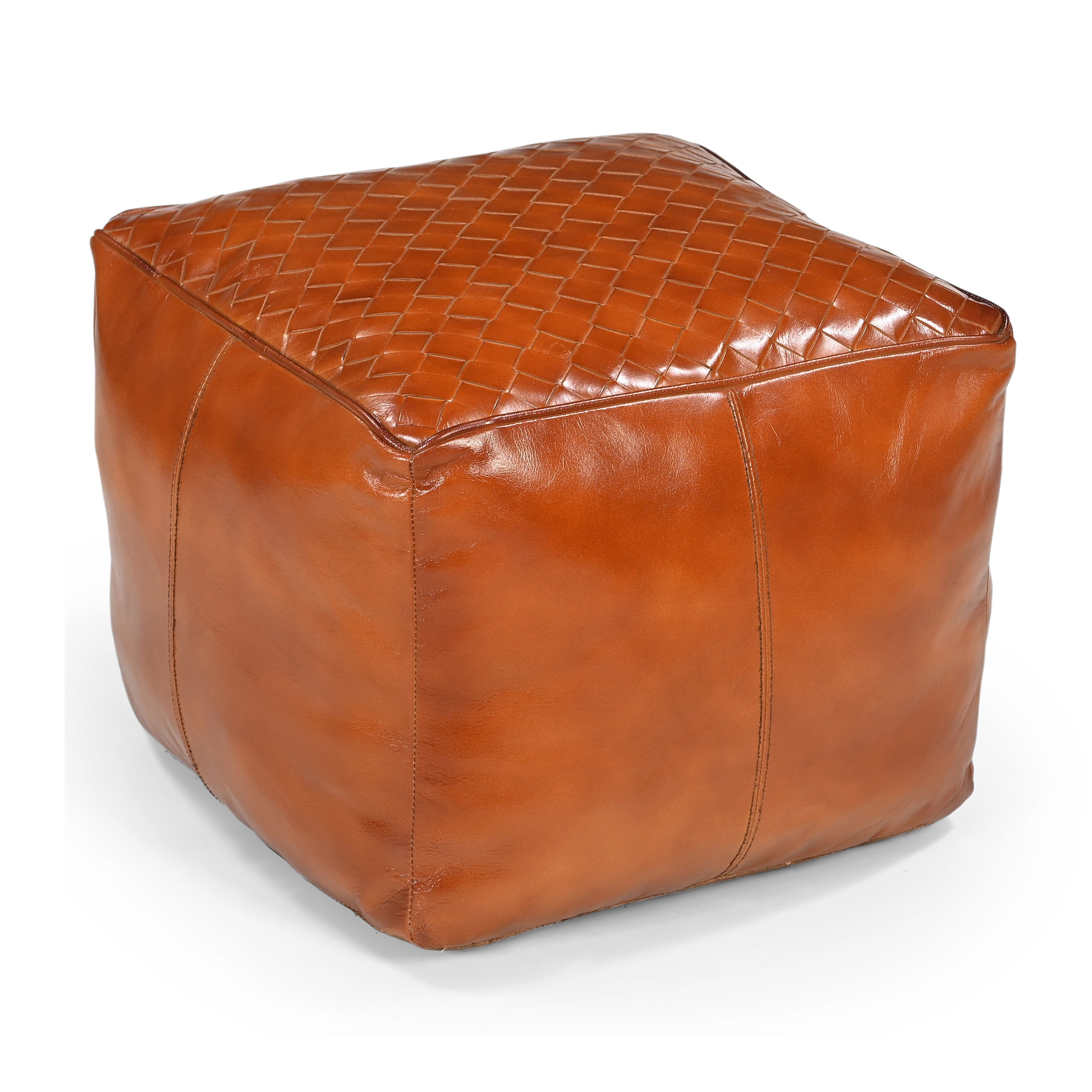Square Latticed Leather Ottoman - Geometric Textural Accent Piece-Furniture > Living Room > Ottomans & Footstools-Nomica Living