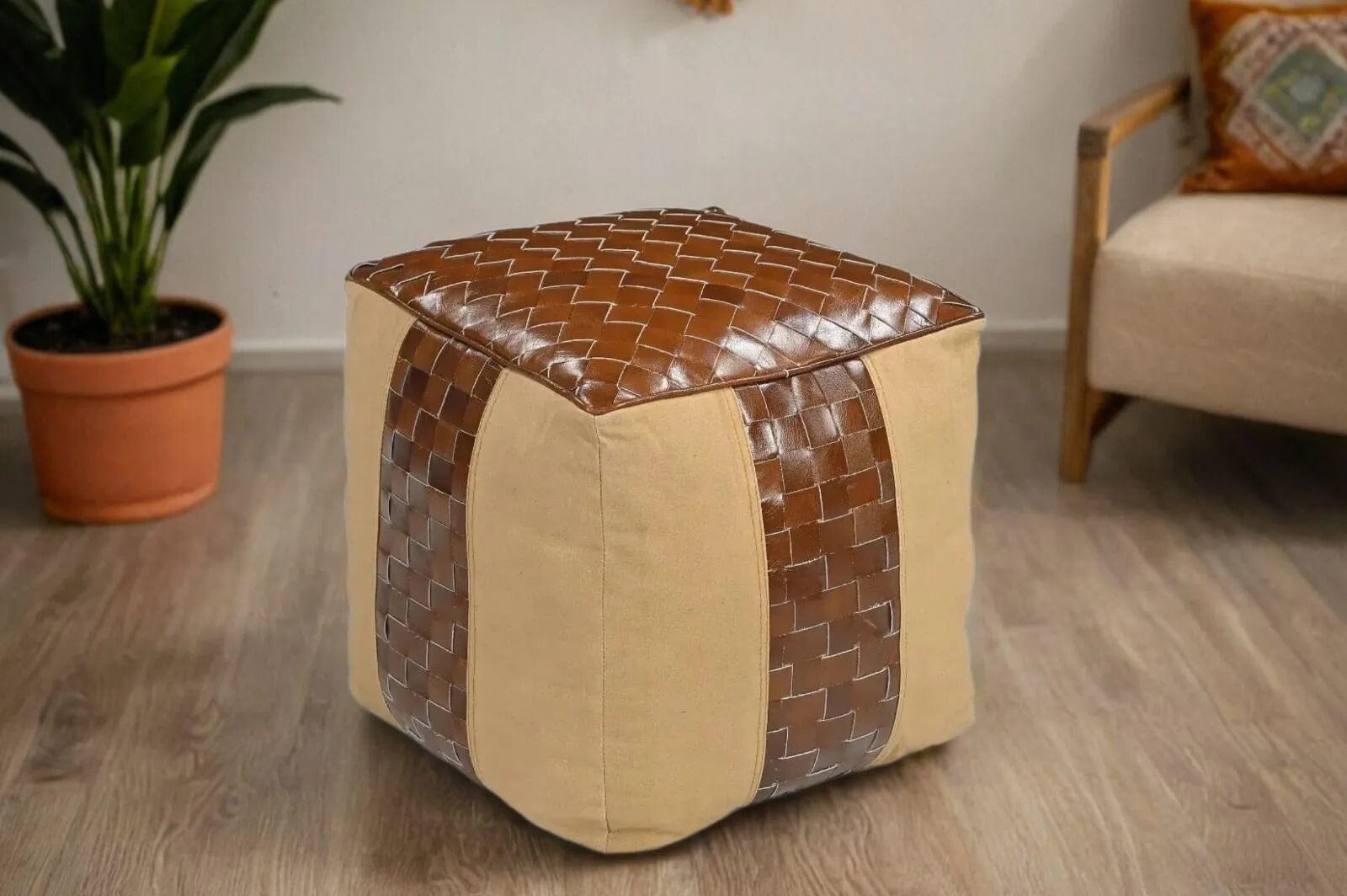 Urban Explorer Leather Canvas Ottoman - Rugged Comfort-Furniture > Living Room > Ottomans & Footstools-Nomica Living