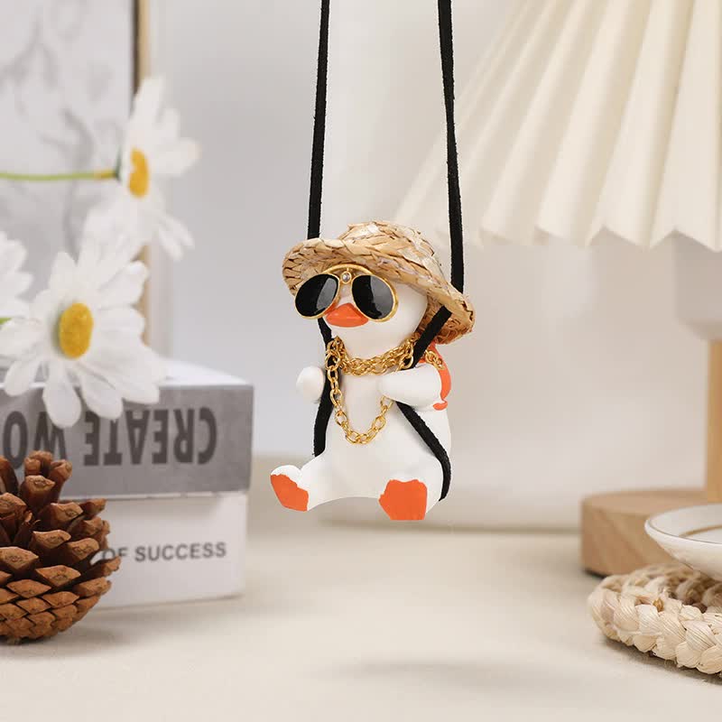Set of 2 White and Orange Rocking Duck Car Ornaments